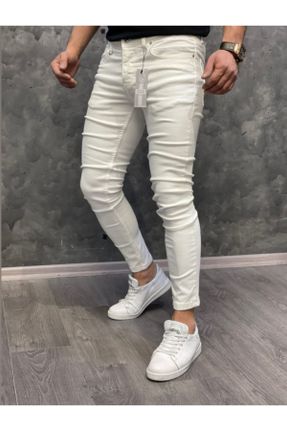 شلوار جین سفید مردانه پاچه تنگ پنبه (نخی) بلند کد 263172780