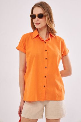 پیراهن نارنجی زنانه رگولار یقه پیراهنی پنبه - پلی استر کد 812956837