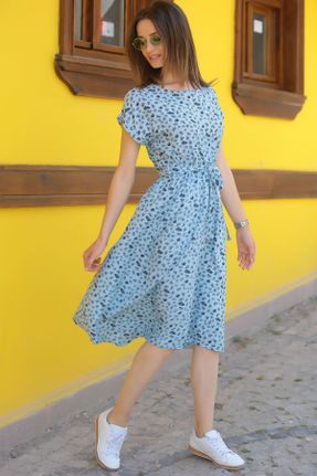 لباس آبی زنانه بافتنی پلی استر ریلکس آستین-کوتاه بیسیک کد 2877038