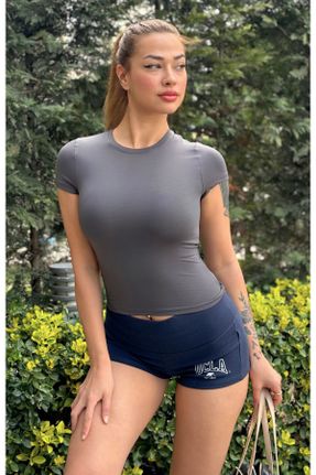 تی شرت طوسی زنانه Fitted یقه گرد تکی پوشاک ورزشی کد 748110287