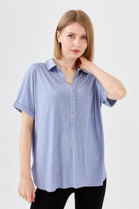 تی شرت آبی زنانه رگولار یقه پیراهنی ویسکون تکی کد 686927767