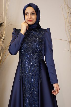 لباس مجلسی سرمه ای زنانه یقه ایستاده ساتن A-line کد 686931856