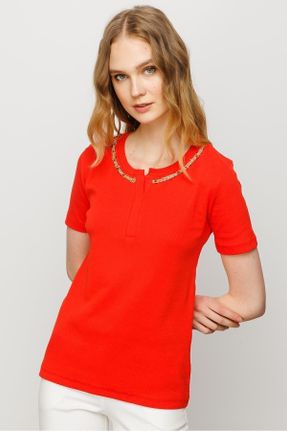 تی شرت نارنجی زنانه اسلیم فیت یقه گرد تکی بیسیک کد 732698767