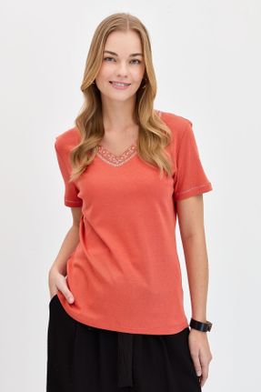 تی شرت نارنجی زنانه رگولار یقه هفت پنبه (نخی) تکی بیسیک کد 810772821