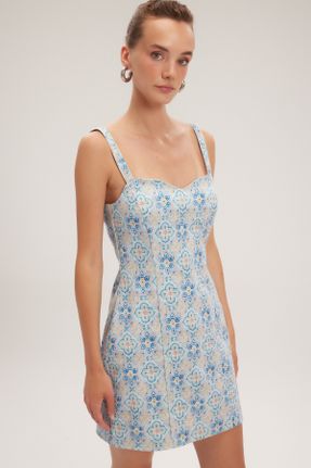 لباس آبی زنانه بافتنی طرح گلدار Fitted بند دار کد 841278076
