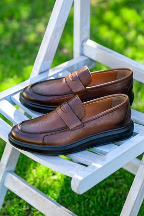 کفش لوفر قهوه ای مردانه چرم طبیعی پاشنه کوتاه ( 4 - 1 cm ) کد 35195012