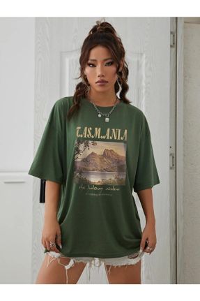 تی شرت سبز زنانه اورسایز یقه گرد پنبه - پلی استر تکی کد 672709764