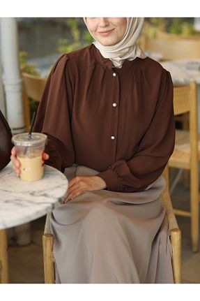 پیراهن حجاب قهوه ای زنانه اورسایز İPEKSTİL - کد 845393345