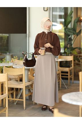 پیراهن حجاب قهوه ای زنانه اورسایز İPEKSTİL - کد 845393345