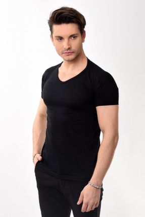 تی شرت مشکی مردانه اسلیم فیت یقه هفت پنبه (نخی) تکی بیسیک کد 238543410