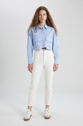 شلوار جین سفید زنانه پاچه لوله ای فاق بلند جین کد 816291420