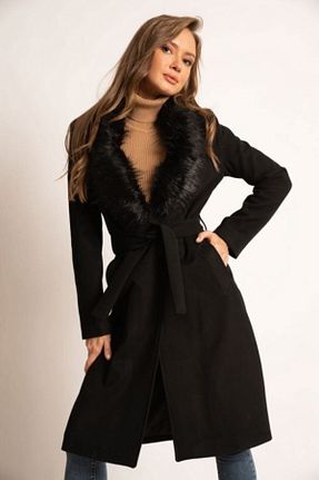 پالتو پشمی مشکی زنانه Fitted KASİDE - کد 52454503