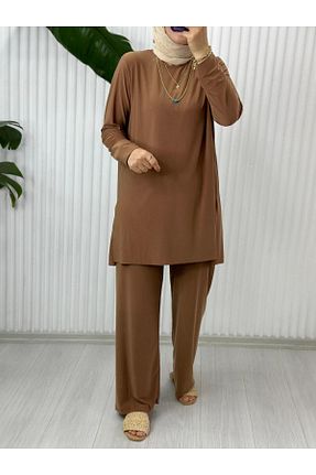 ست بالاتنه و پائین تنه قهوه ای زنانه بافتنی Selma Butik - کد 848224547