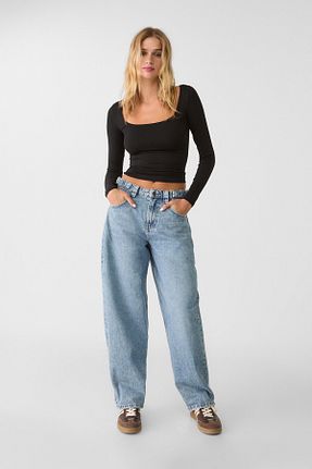 تیشرت مشکی زنانه کراپ Stradivarius - کد 848126024