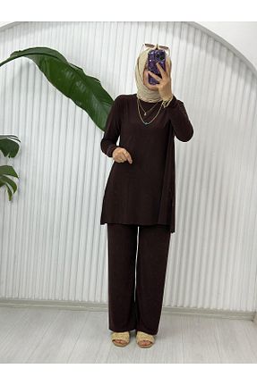 ست بالاتنه و پائین تنه قهوه ای زنانه بافتنی Selma Butik - کد 848133072