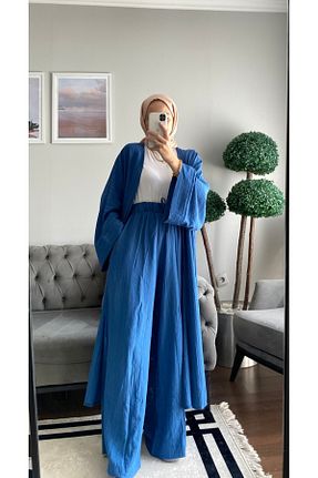 کافتان و کیمونو حجاب آبی زنانه مخلوط کتان müqofficial - کد 848567620