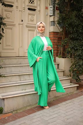 کافتان و کیمونو حجاب سبز زنانه مخلوط کتان müqofficial - کد 848567560