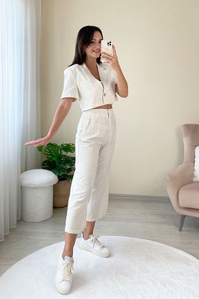 ست بالاتنه و پائین تنه بژ زنانه کتان KAIZENCO - کد 848662501