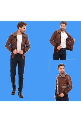 کاپشن قهوه ای مردانه چرم خالص MALVİNEYU - کد 848744201