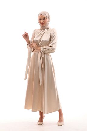 لباس مجلسی حجاب بژ زنانه یقه شالی Modida Collection - کد 816239499