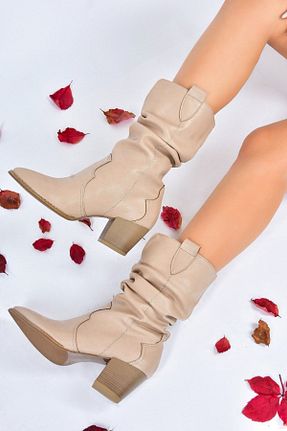 بوت / نیم بوت بژ زنانه چرم مصنوعی Fox Shoes - کد 199893340