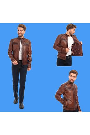 کاپشن قهوه ای مردانه چرم خالص MALVİNEYU - کد 848999896