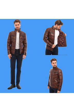 کاپشن قهوه ای مردانه چرم خالص MALVİNEYU - کد 849000523