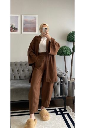 ست بالاتنه و پائین تنه قهوه ای زنانه Keten Görünümlü müqofficial - کد 849285605