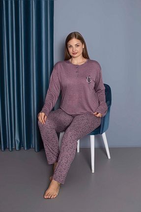 ست لباس راحتی سایز بزرگ بنفش زنانه طرح دار IŞILAY HOMEWEAR - کد 847851484