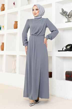 لباس مجلسی حجاب طوسی زنانه یقه ایستاده ModaMerve - کد 838712137
