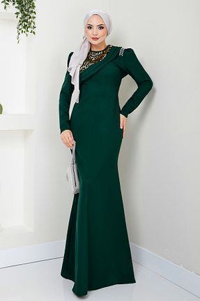 لباس مجلسی حجاب سبز زنانه یقه ایستاده ModaMerve - کد 838711348