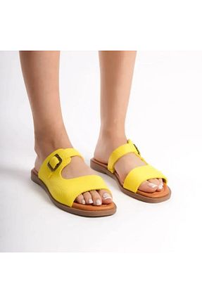 دمپائی زرد زنانه چرم خالص ND Shoes - کد 849629221