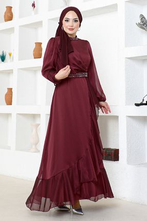 لباس مجلسی حجاب زرشکی زنانه شیفون ModaMerve - کد 832108428