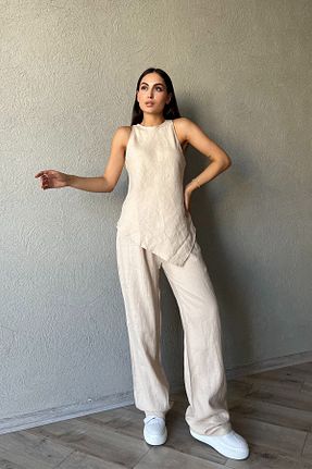 ست بالاتنه و پائین تنه بژ زنانه کتان Seda Yalçın Atelier - کد 847830069