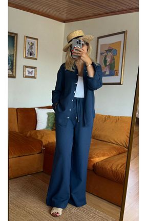 ست بالاتنه و پائین تنه سرمه ای زنانه کتان Butik - کد 840738059