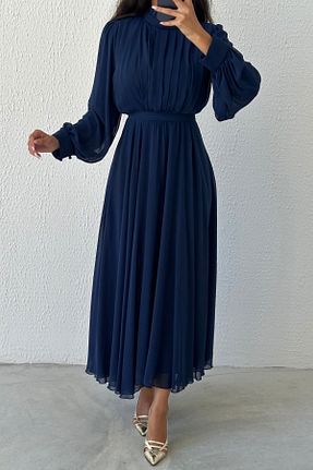 لباس مجلسی حجاب سرمه ای زنانه یقه دوچرخه LEYUZE BUTİK - کد 849936377