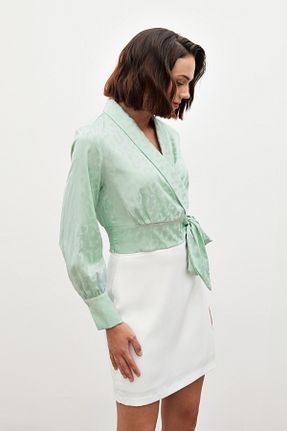 بلوز فیروزه ای زنانه ساده Sateen - کد 849939520