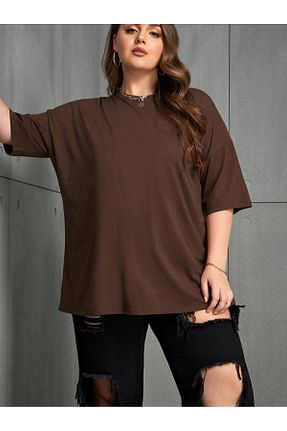 تیشرت سایز بزرگ قهوه ای زنانه اورسایز MODAVİBE - کد 850001071