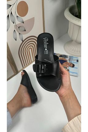 دمپائی مشکی زنانه چرم مصنوعی İmerShoes - کد 849820208