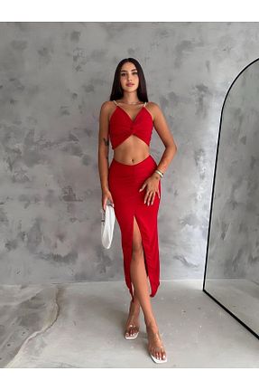 ست بالاتنه و پائین تنه قرمز زنانه بافتنی TRİKOM - کد 842026060