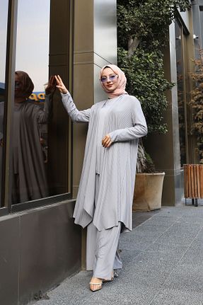 ست بالاتنه و پائین تنه حجاب طوسی زنانه Asimetrik Pieef - کد 850541163