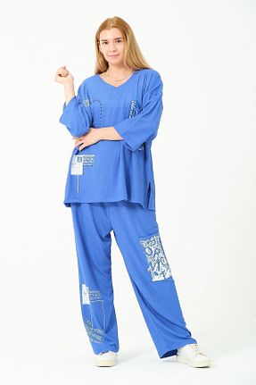 ست بالاتنه و پائین تنه سایز بزرگ آبی زنانه فاق نرمال PittaFashion - کد 848880575