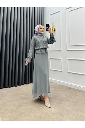 ست بالاتنه و پائین تنه حجاب طوسی زنانه Çan bezenstore - کد 845129013