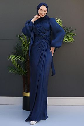 لباس مجلسی حجاب سرمه ای زنانه یقه ایستاده GİZ AGİYİM - کد 851618541