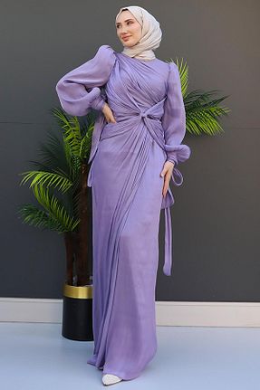 لباس مجلسی حجاب بنفش زنانه یقه ایستاده GİZ AGİYİM - کد 851618959
