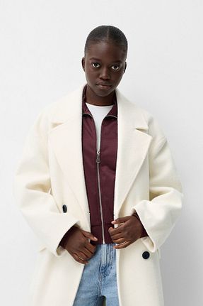 پالتو پشمی بژ زنانه Relaxed Bershka - کد 852750303