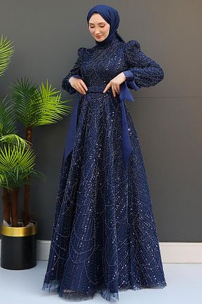 لباس مجلسی حجاب سرمه ای زنانه یقه ایستاده GİZ AGİYİM - کد 852739174