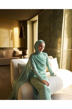 لباس مجلسی حجاب سبز زنانه یقه ایستاده Azeem - کد 848754142