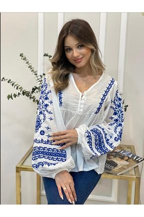 بلوز سفید زنانه طرح دار Ateilerdijle - کد 757216875