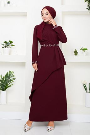 لباس مجلسی حجاب زرشکی زنانه یقه دوچرخه ModaMerve - کد 853033768